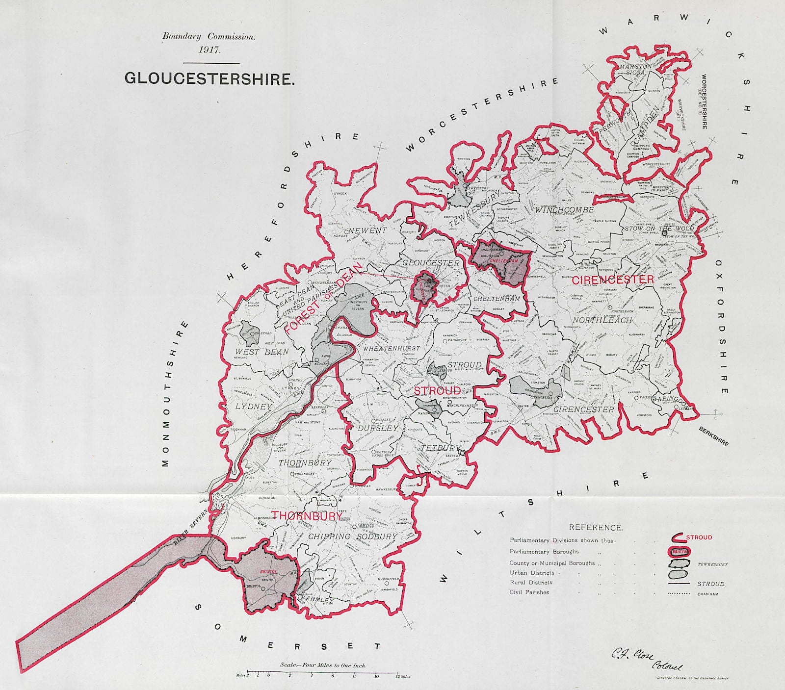 Gloucestershire Parliamentary County. BOUNDARY COMMISSION. Close 1917 old map